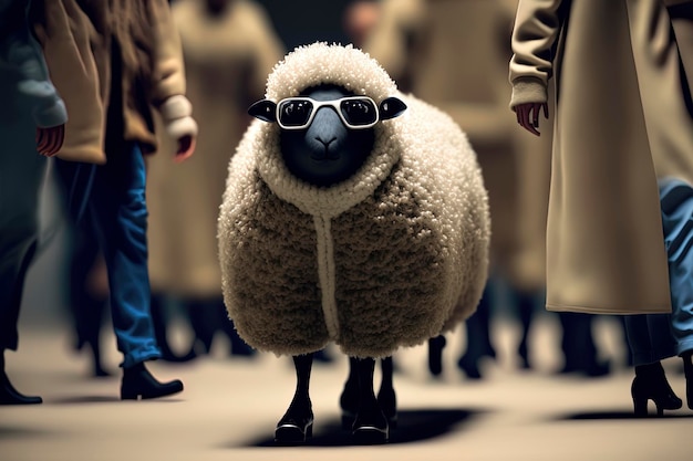 Anthropomorphic sheep walking down a fashion runway AIGenerated