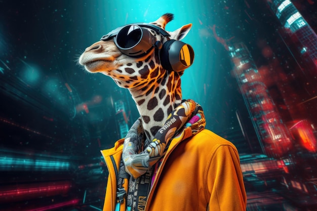 Photo anthropomorphic wild animals character using virtual reality headset