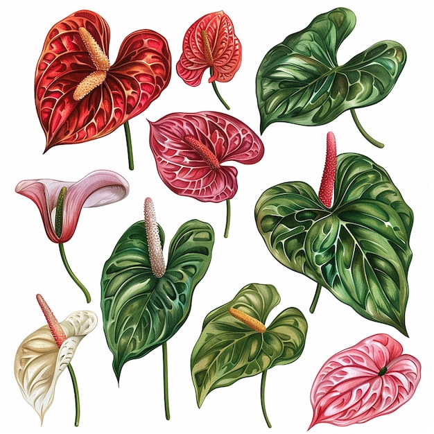 anthuriums botanical elements isolated on white background