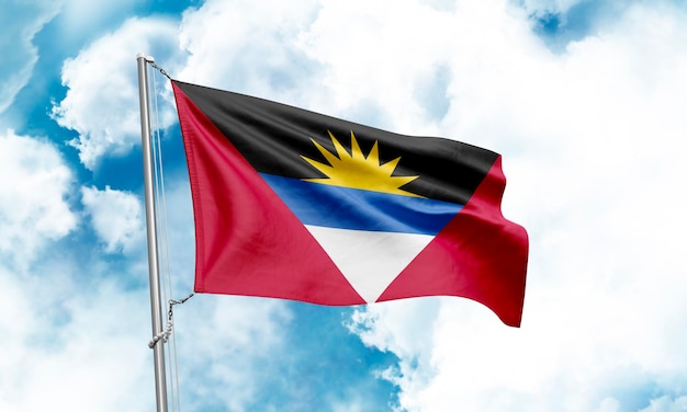 Antigua and Barbuda flag waving on sky background 3D Rendering