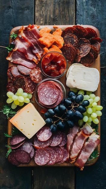 Antipasto catering platter with bacon jerky salami cheese and grapes on a wooden table