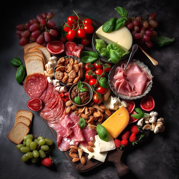 Antipasto platter with ham prosciutto salami cheese tomato strawberries and vegetables Top view