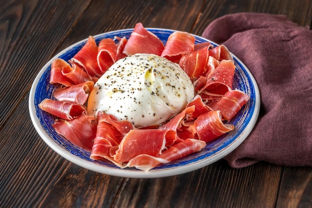 Antipasto with prosciutto and mozzarella on the serving plate