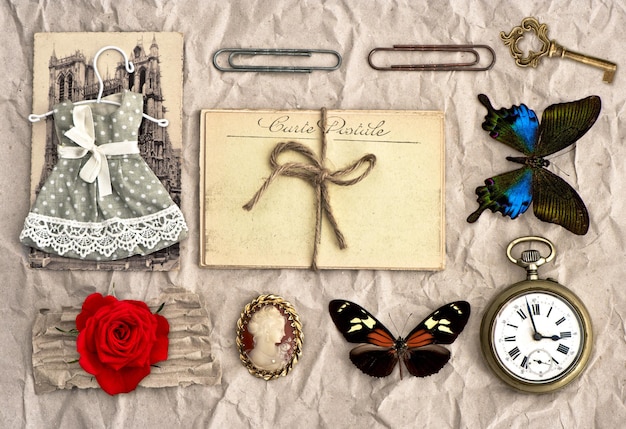 Antique accessories. old postcards and vintage things. nostalgic scrapbook background