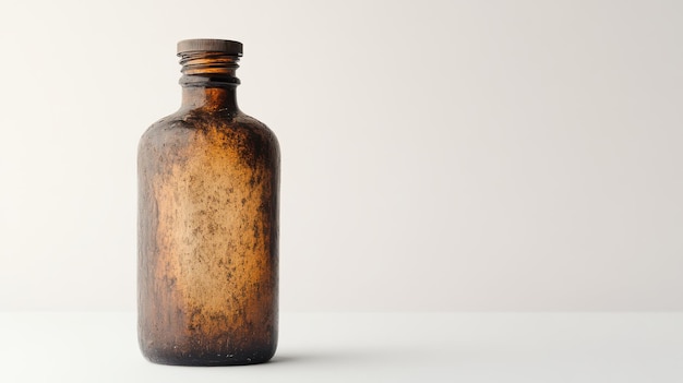 Photo an antique amber bottle standing elegantly on a minimalist surface against a soft neutral backdrop casting gentle shadows in the warm light