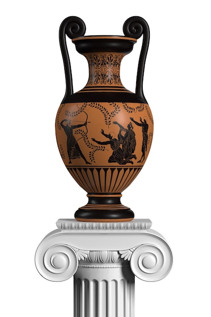 Antique ancient greek wine vase with meander pattern and ornament standing on a column.