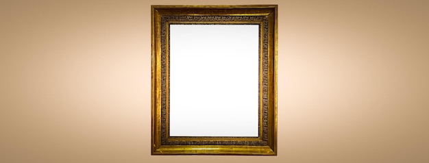 Antique art fair gallery frame on beige wall at auction house or museum exhibition blank template with empty white copyspace for mockup design artwork