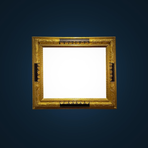 Antique art fair gallery frame on royal blue wall at auction house or museum exhibition blank template with empty white copyspace for mockup design artwork