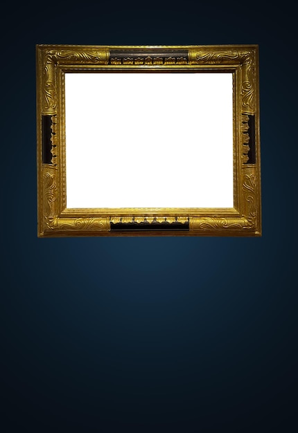 Antique art fair gallery frame on royal blue wall at auction house or museum exhibition blank template with empty white copyspace for mockup design artwork