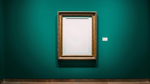 Photo antique art fair gallery frame on royal green wall at auction house or museum exhibi generative ai