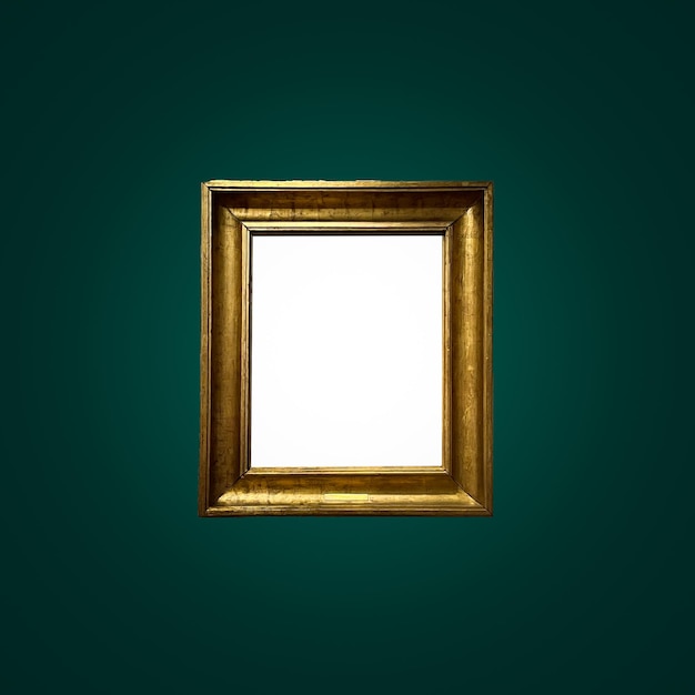 Antique art fair gallery frame on royal green wall at auction house or museum exhibition blank template with empty white copyspace for mockup design artwork