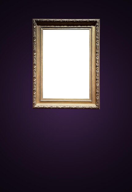 Antique art fair gallery frame on royal purple wall at auction house or museum exhibition blank temp