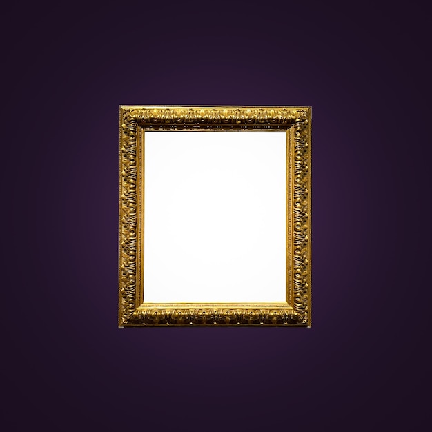 Antique art fair gallery frame on royal purple wall at auction house or museum exhibition blank temp