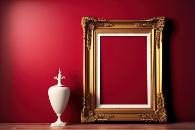 Antique art fair gallery frame on royal red wall at auction house or museum exhibition blank