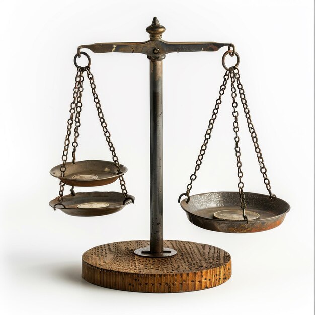 Photo antique balance scale with brass plates on wooden base concept of justice and equality