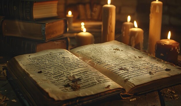 Antique book on ancient wisdom surrounded by candles