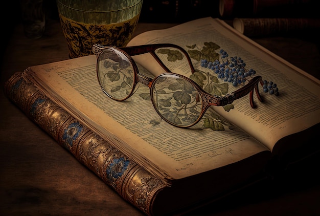 Antique book on a table with glasses