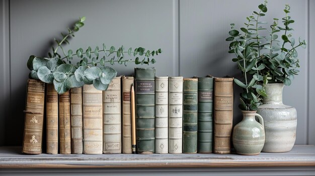 Photo antique books and eucalyptus greenery