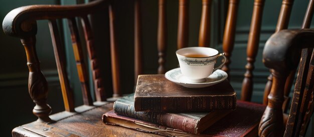 Antique books positioned beside a tea cup on a wooden chair