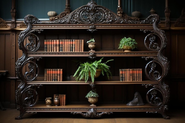 Photo antique bookshelf with scrollwork bookshelf background