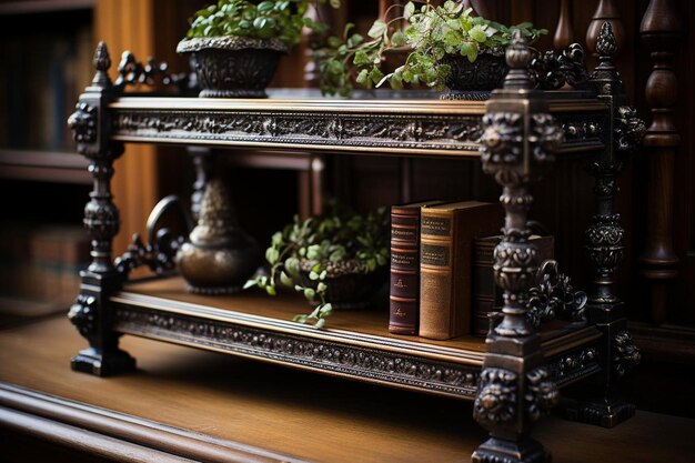 Photo antique bookshelf with scrollwork bookshelf background