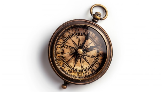 Antique brass compass on white background