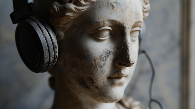 An antique bust sculpture in modern headphones Bokeh in the background AI generated