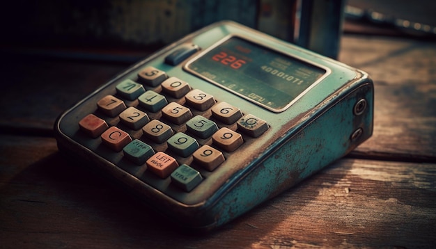 Antique calculator on wooden desk calculating finance generated by AI