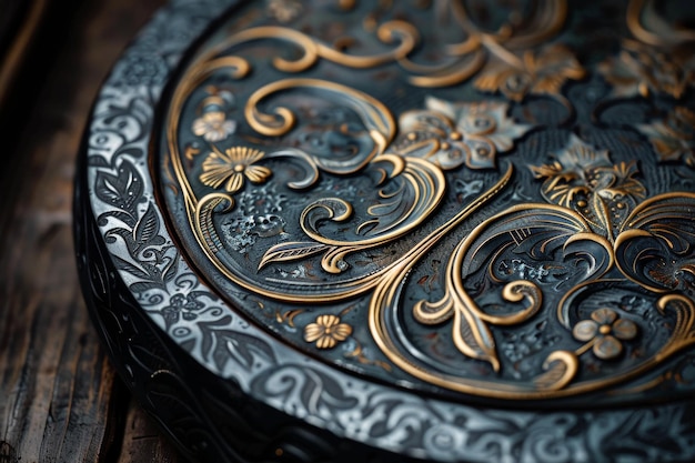 An antique carved metal plate with intricate patterns and gold embellishments