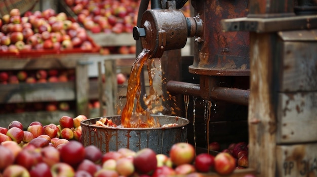 Photo antique cider press extracting juice from freshly harvested apples at a rustic orchard