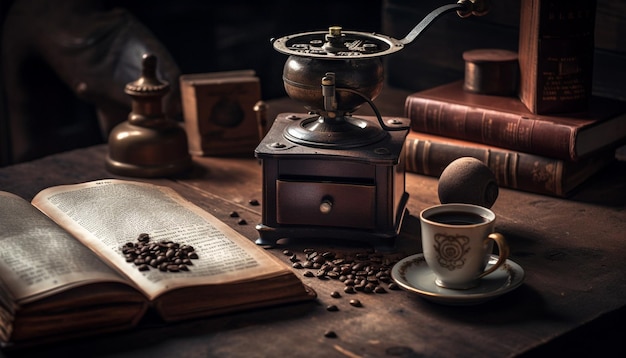 Photo antique coffee grinder on wooden table brewing beans generated by ai