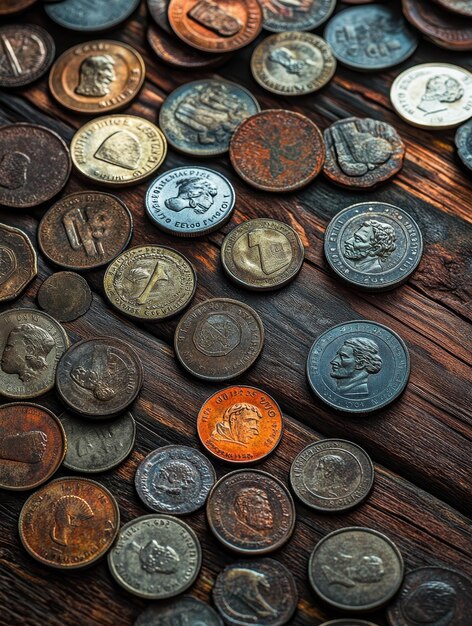 Photo antique coins meticulously arranged on a rustic wooden surface