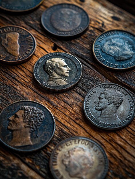 Photo antique coins meticulously arranged on a rustic wooden surface