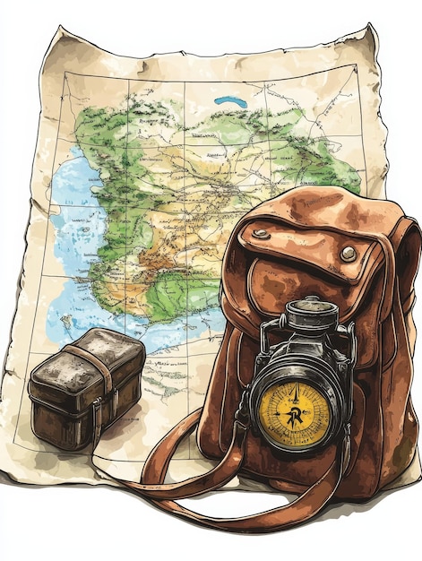 Photo antique compass and leather backpack on a vintage map