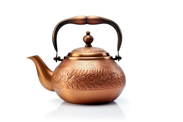 Antique copper teapot isolated on white background with Chinese design