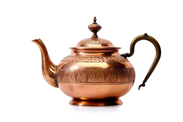 Antique copper teapot isolated on white background with Chinese design