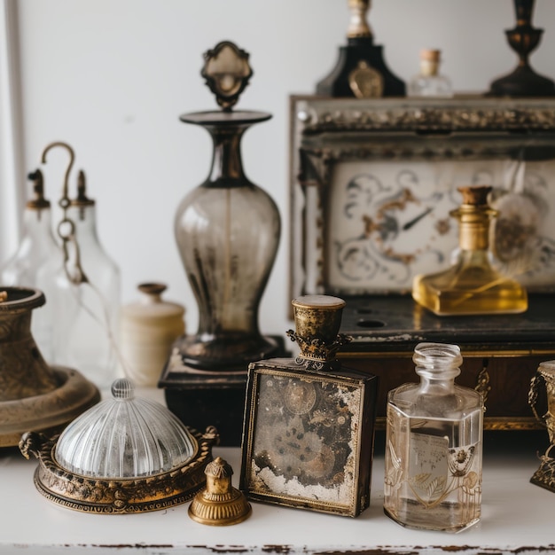 Photo antique dealer arranging luxury antique items on white table with vintage clock on background