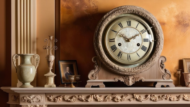 Photo antique elegance ornate clock and decor on mantelpiece