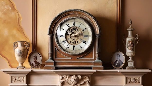 Photo antique elegance ornate clock and decor on mantelpiece