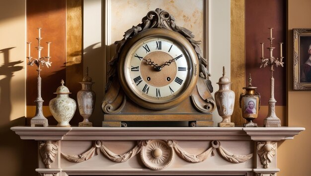 Photo antique elegance ornate clock and decor on mantelpiece