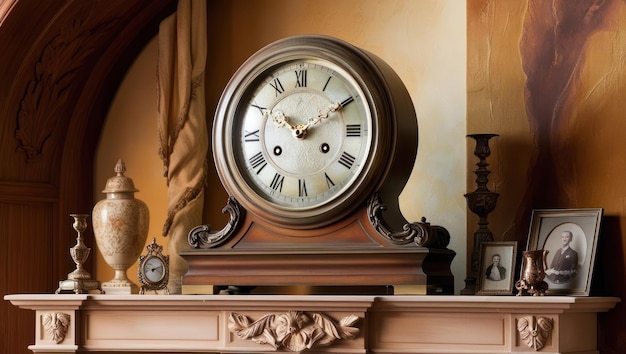 Photo antique elegance ornate clock and decor on mantelpiece