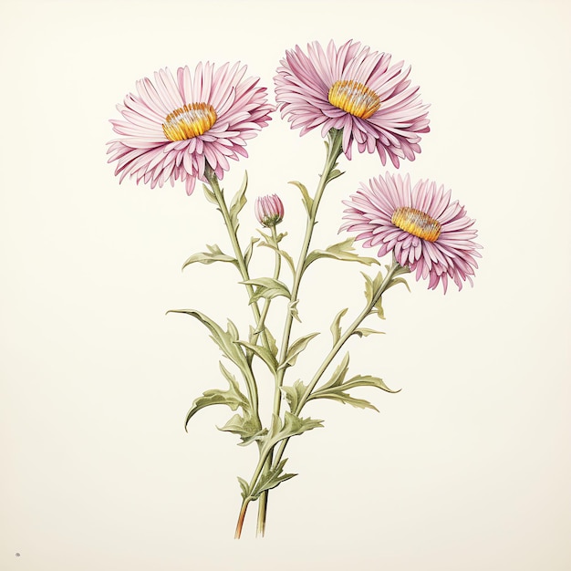 Photo antique encyclopedia color sketch of two stems aster flowers