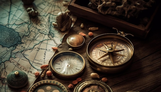 Antique equipment guides adventure through old fashioned maps generated by AI