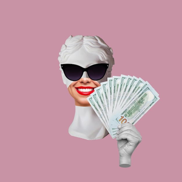 Antique female smiling statue's head in black sunglasses holds wad of hundreddollar cash banknotes