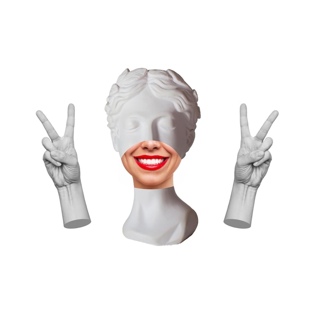 Antique female smiling statue showing peace gesture with her hands. Contemporary art. Modern design