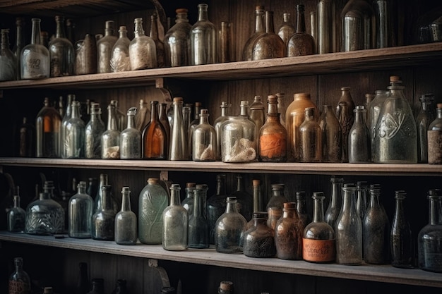 Antique Glass Bottles On Wooden Shelves Generative AI