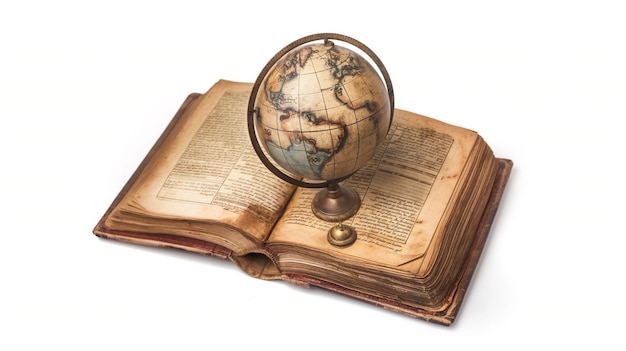 An antique globe on a stand placed on an open vintage book with yellowed pages symbolizing history a