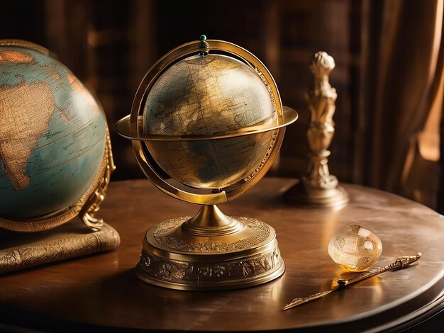 Antique globe on table illuminated with gold symbolizes exploration