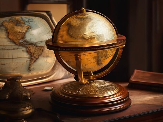 Antique globe on table illuminated with gold symbolizes exploration