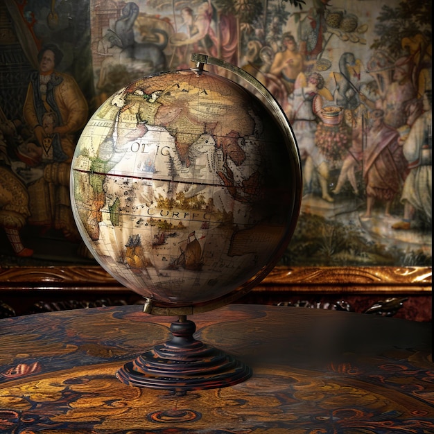 Photo antique globe on a wooden table against a richly decorated backdrop